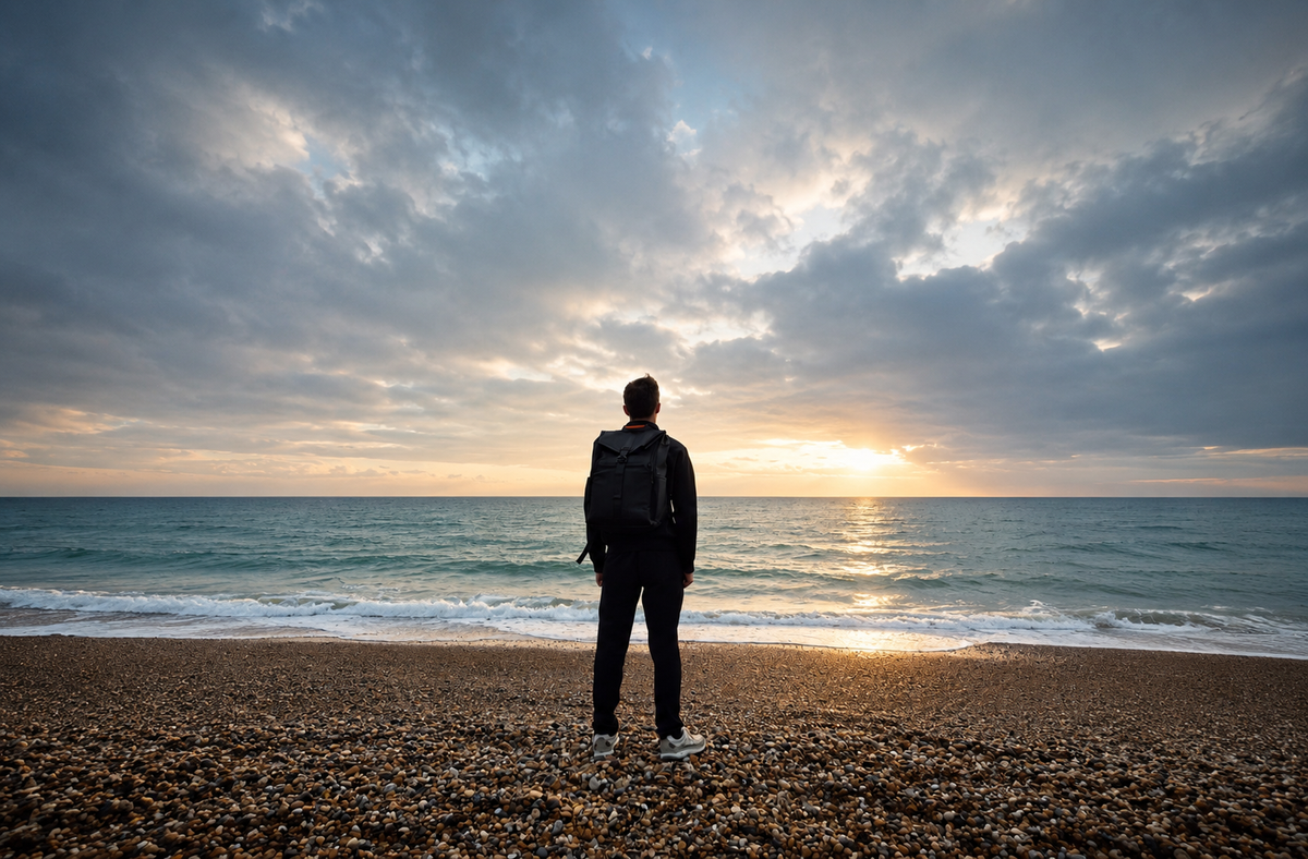 Person standing on a beach at sunset with a cloudy sky