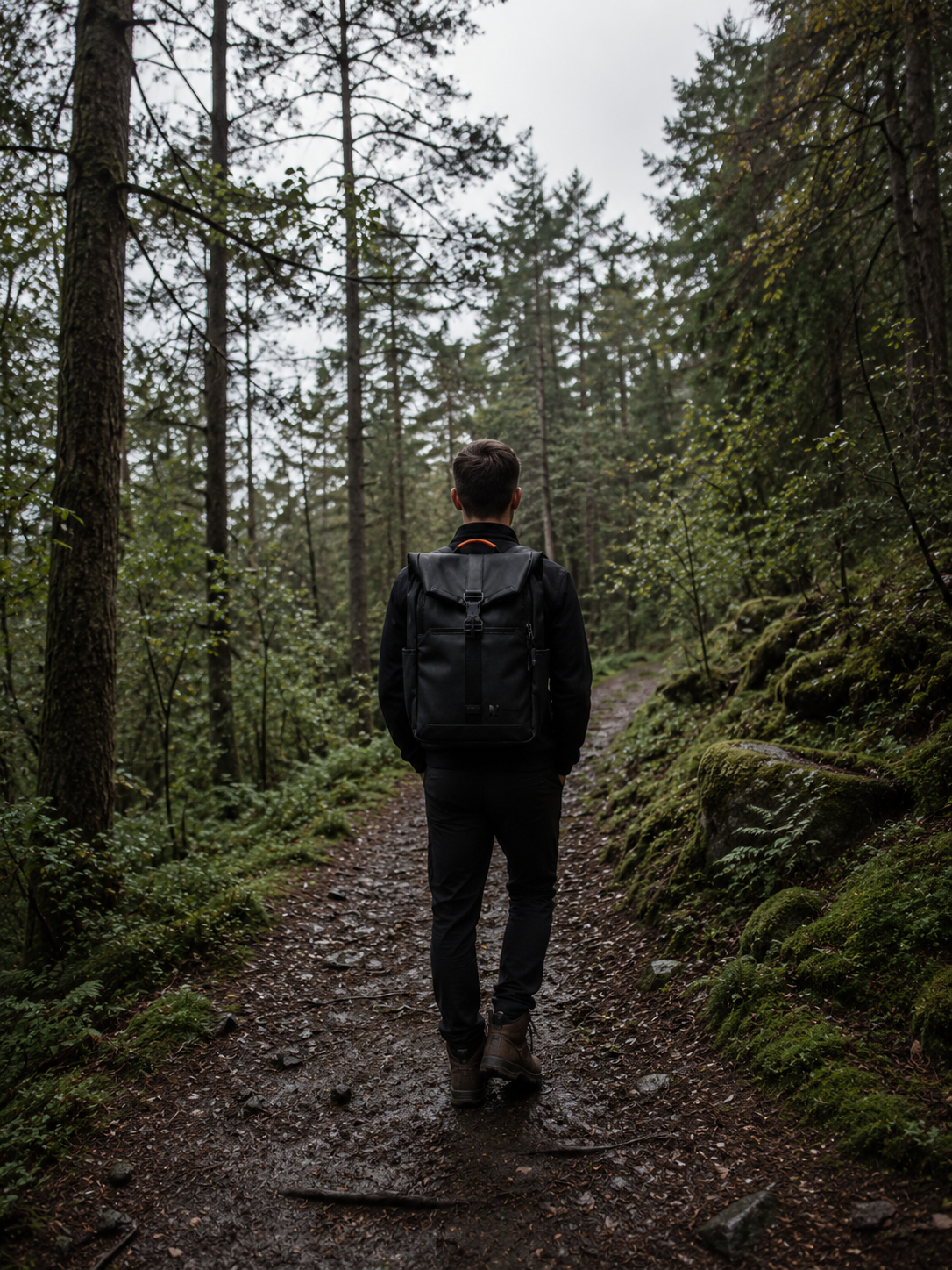 Person walking alone on a forest path with backpack